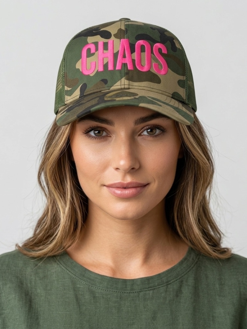 Camo CHAOS Trucker Hat Pink Embroidery Trendy Adjustable Streetwear Cap NWT OS